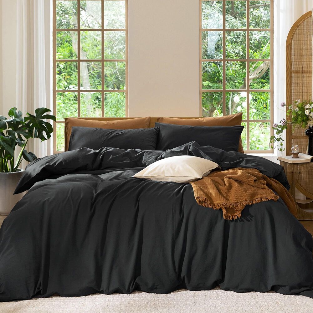 Queen Duvet Cover Set, 100% Washed Cotton, Linen Like (Black)